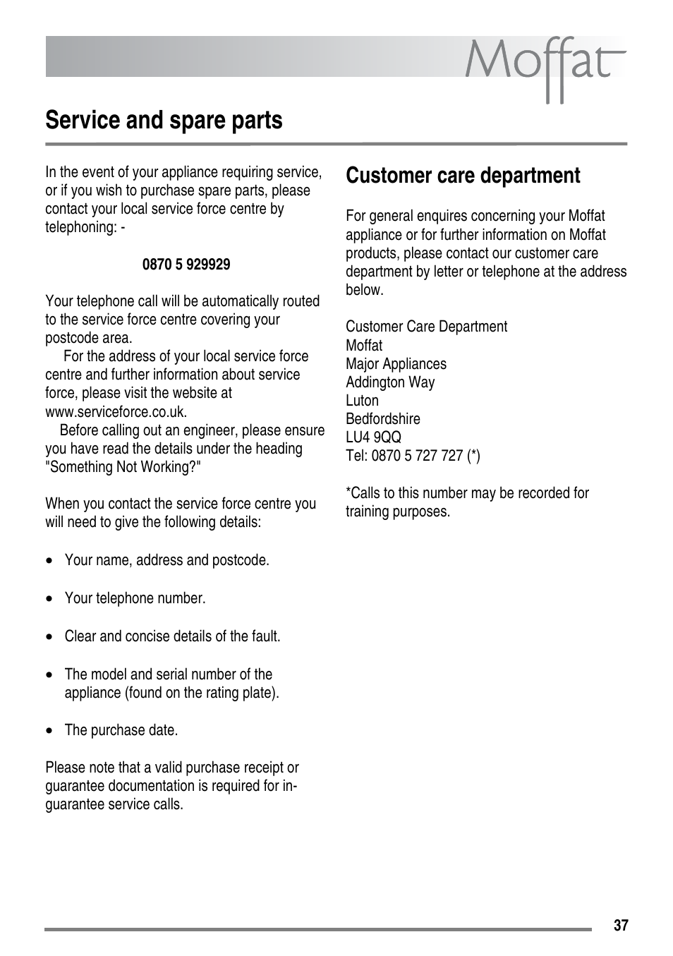 Service and spare parts, Customer care department | Moffat MDB900 User Manual | Page 37 / 44