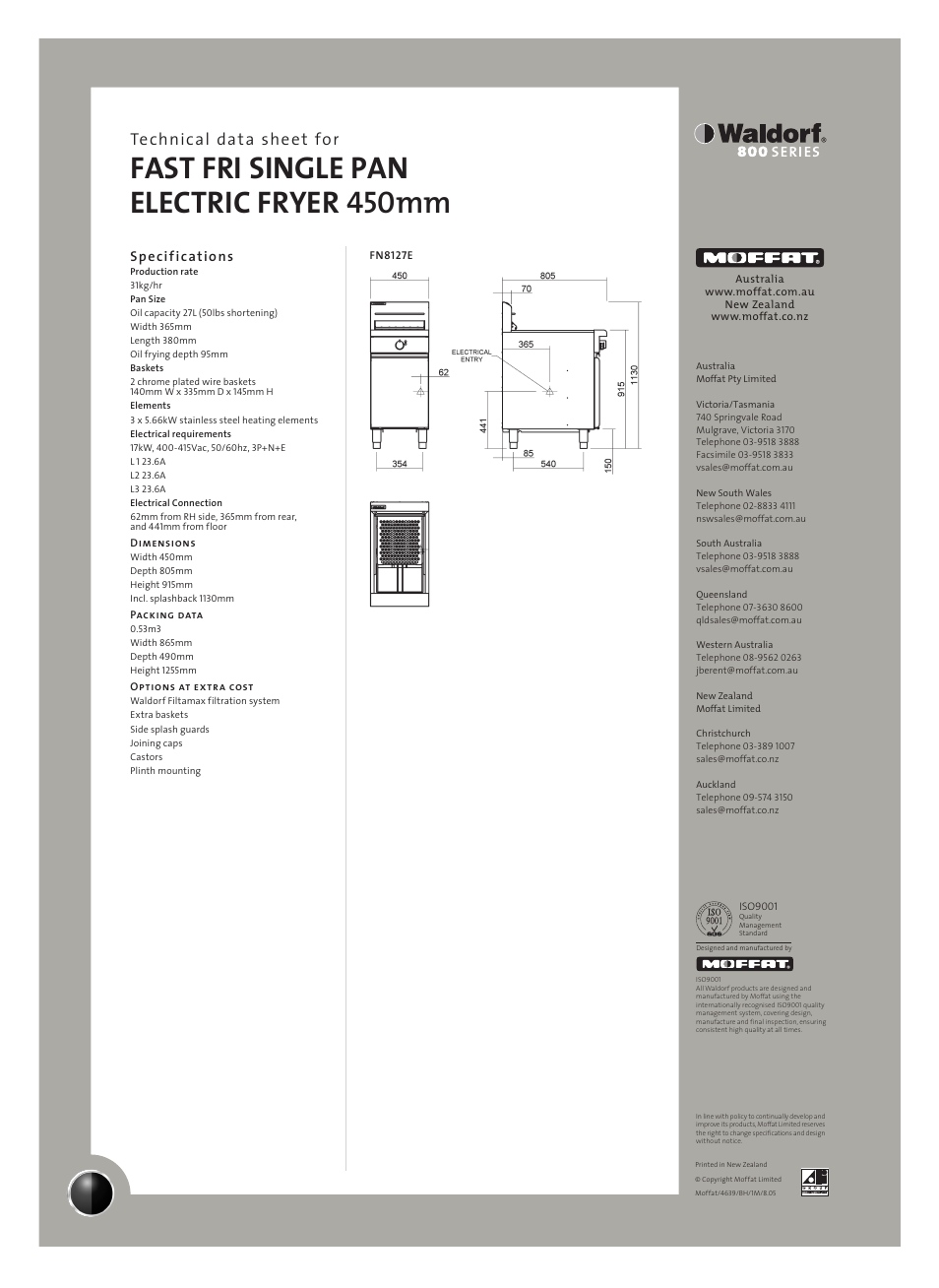 Fast fri single pan electric fryer 450mm, Technical data sheet for, Specifications | Moffat Waldorf FN8127E User Manual | Page 2 / 2