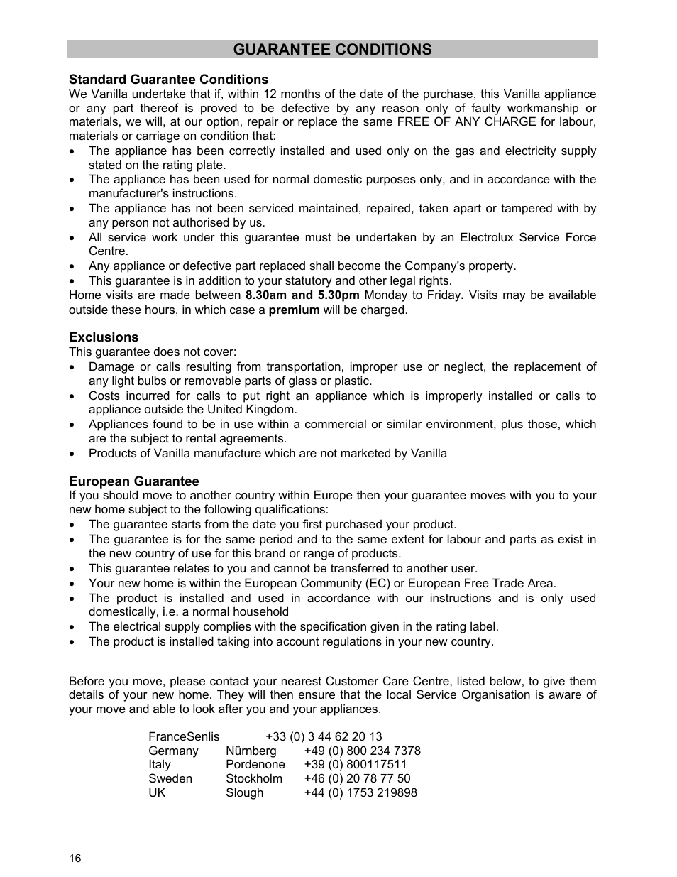 Guarantee conditions | Moffat U21321 GSV 5050 W User Manual | Page 16 / 26