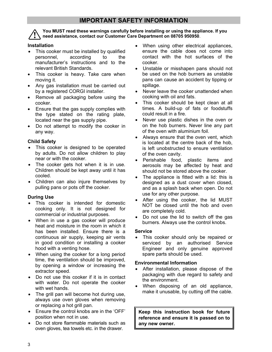 Important safety information | Moffat U21321 GSV 5050 W User Manual | Page 3 / 26