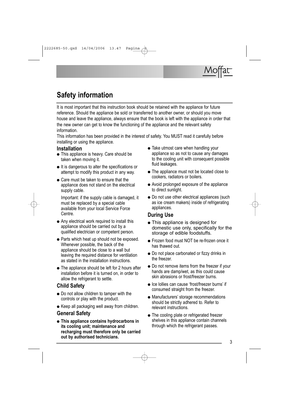 Safety information, Installation, Child safety | General safety, During use | Moffat MUL 514 User Manual | Page 3 / 20