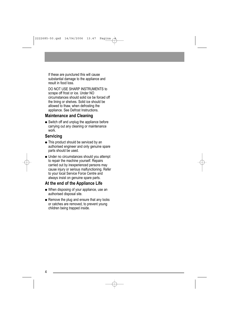 Maintenance and cleaning, Servicing, At the end of the appliance life | Moffat MUL 514 User Manual | Page 4 / 20