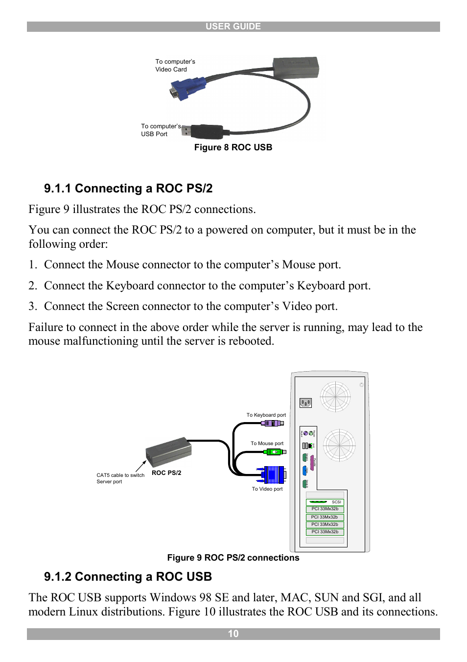 1 connecting a roc ps/2, 2 connecting a roc usb, User guide | Figure 8 roc usb, Figure 9 roc ps/2 connections | Minicom Advanced Systems Minicom Smart 216 User Manual | Page 11 / 50