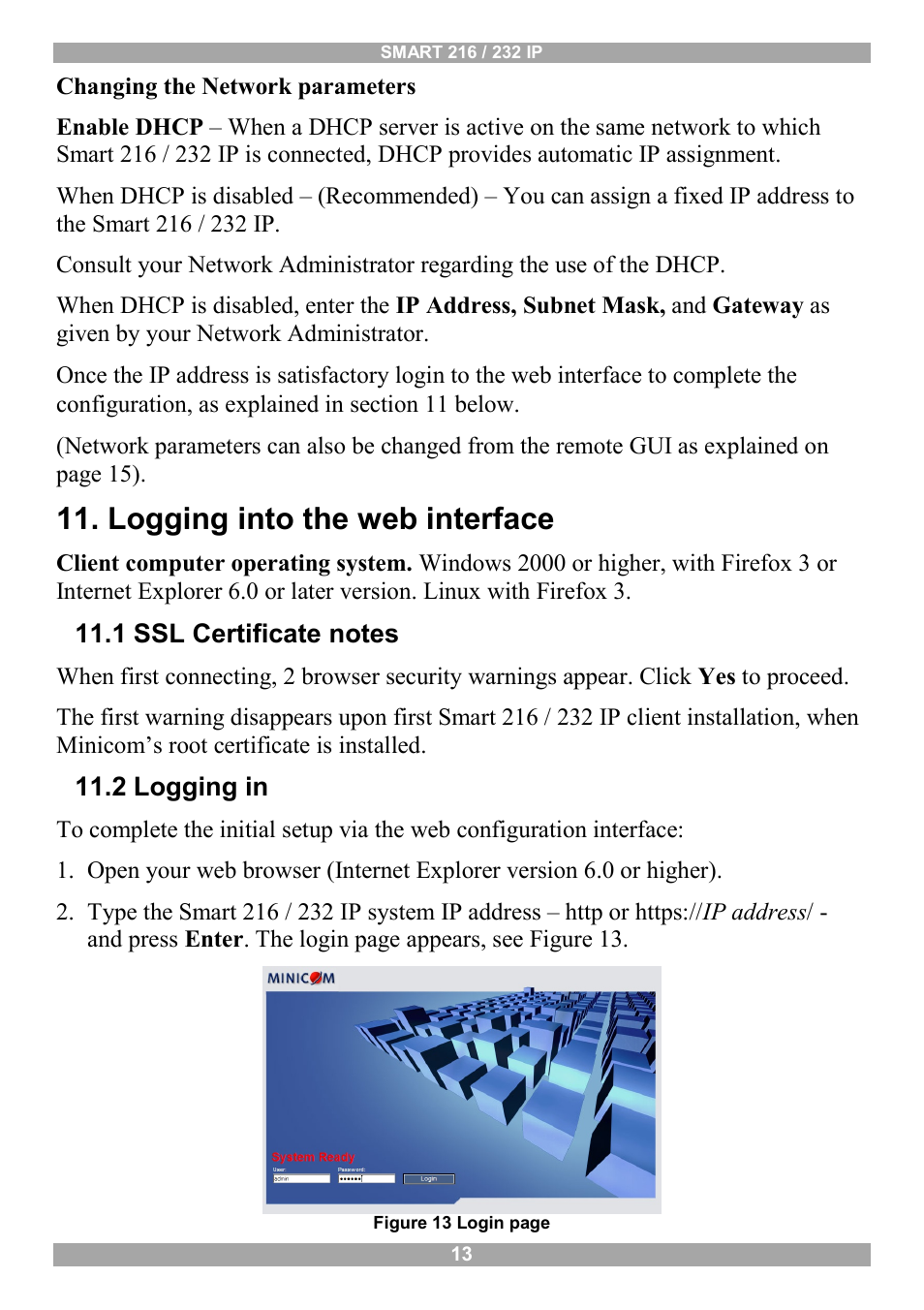 Logging into the web interface, 1 ssl certificate notes, 2 logging in | Minicom Advanced Systems Minicom Smart 216 User Manual | Page 14 / 50