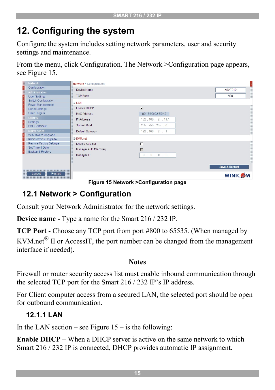 Configuring the system, 1 network > configuration, 1 lan | Minicom Advanced Systems Minicom Smart 216 User Manual | Page 16 / 50