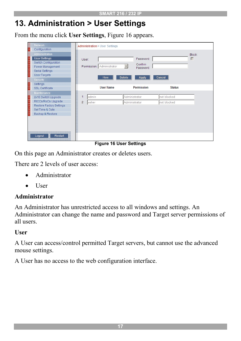 Administration > user settings | Minicom Advanced Systems Minicom Smart 216 User Manual | Page 18 / 50