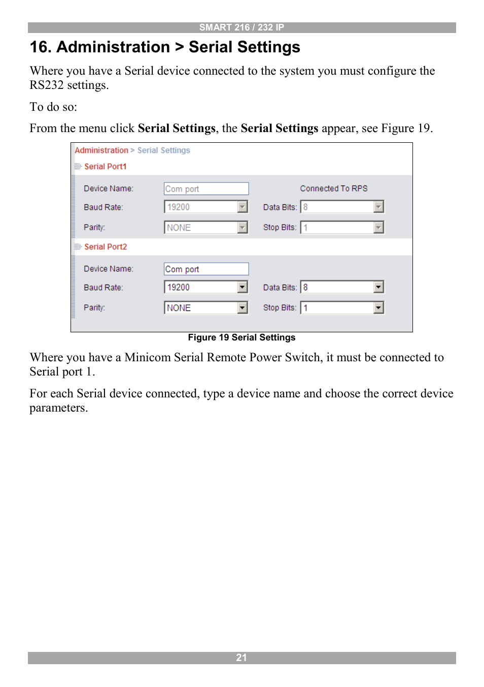 Administration > serial settings | Minicom Advanced Systems Minicom Smart 216 User Manual | Page 22 / 50