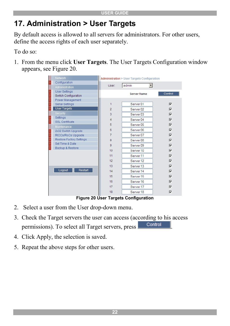 Administration > user targets | Minicom Advanced Systems Minicom Smart 216 User Manual | Page 23 / 50