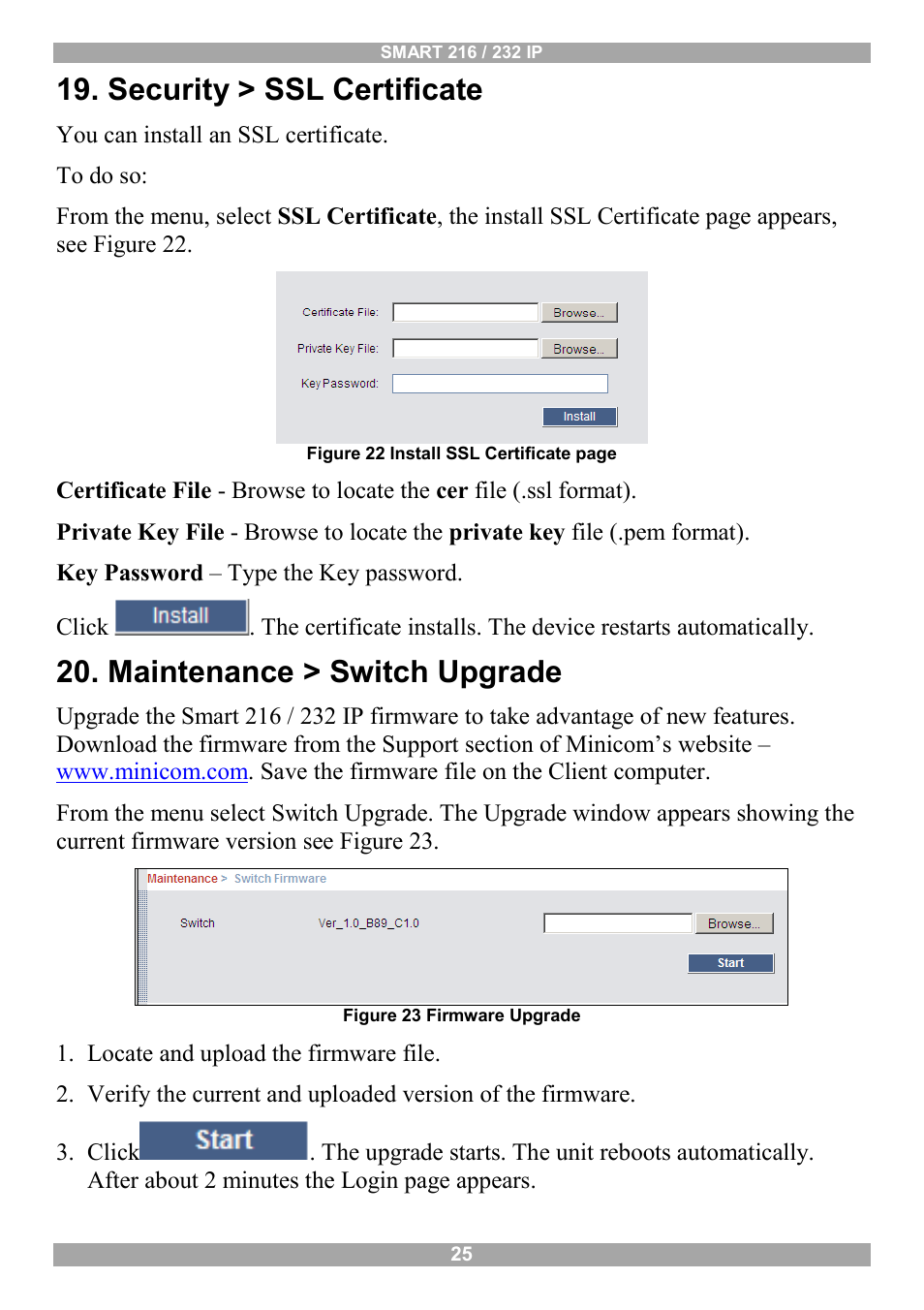 Security > ssl certificate, Maintenance > switch upgrade | Minicom Advanced Systems Minicom Smart 216 User Manual | Page 26 / 50