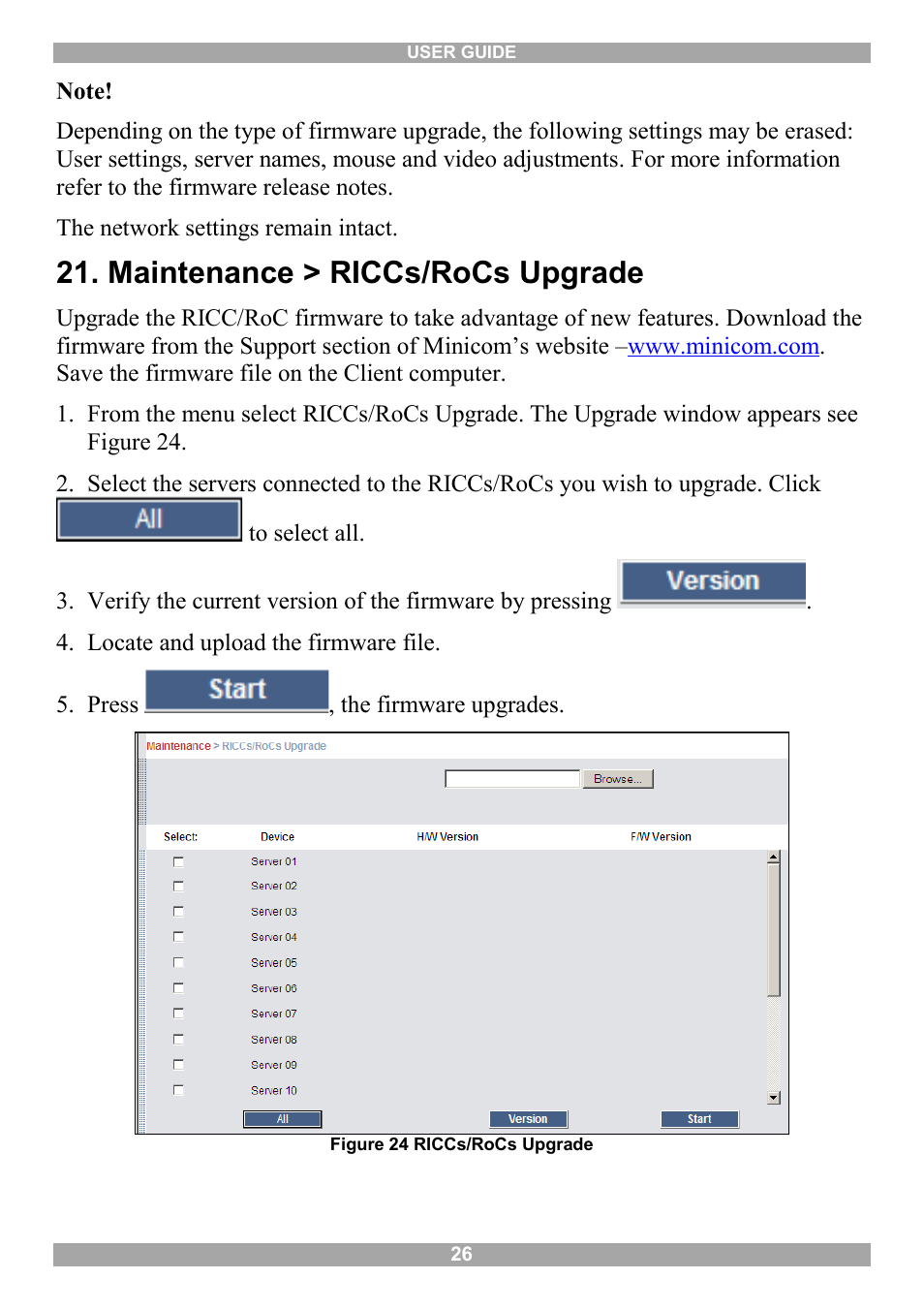 Maintenance > riccs/rocs upgrade | Minicom Advanced Systems Minicom Smart 216 User Manual | Page 27 / 50