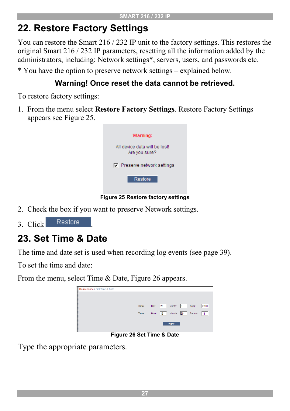 Restore factory settings, Set time & date | Minicom Advanced Systems Minicom Smart 216 User Manual | Page 28 / 50