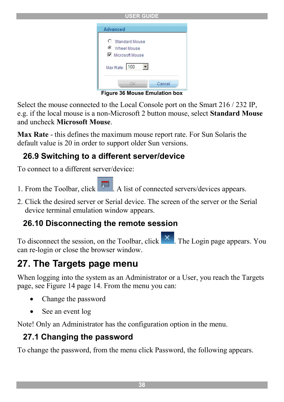 9 switching to a different server/device, 10 disconnecting the remote session, 1 changing the password | The targets page menu | Minicom Advanced Systems Minicom Smart 216 User Manual | Page 39 / 50