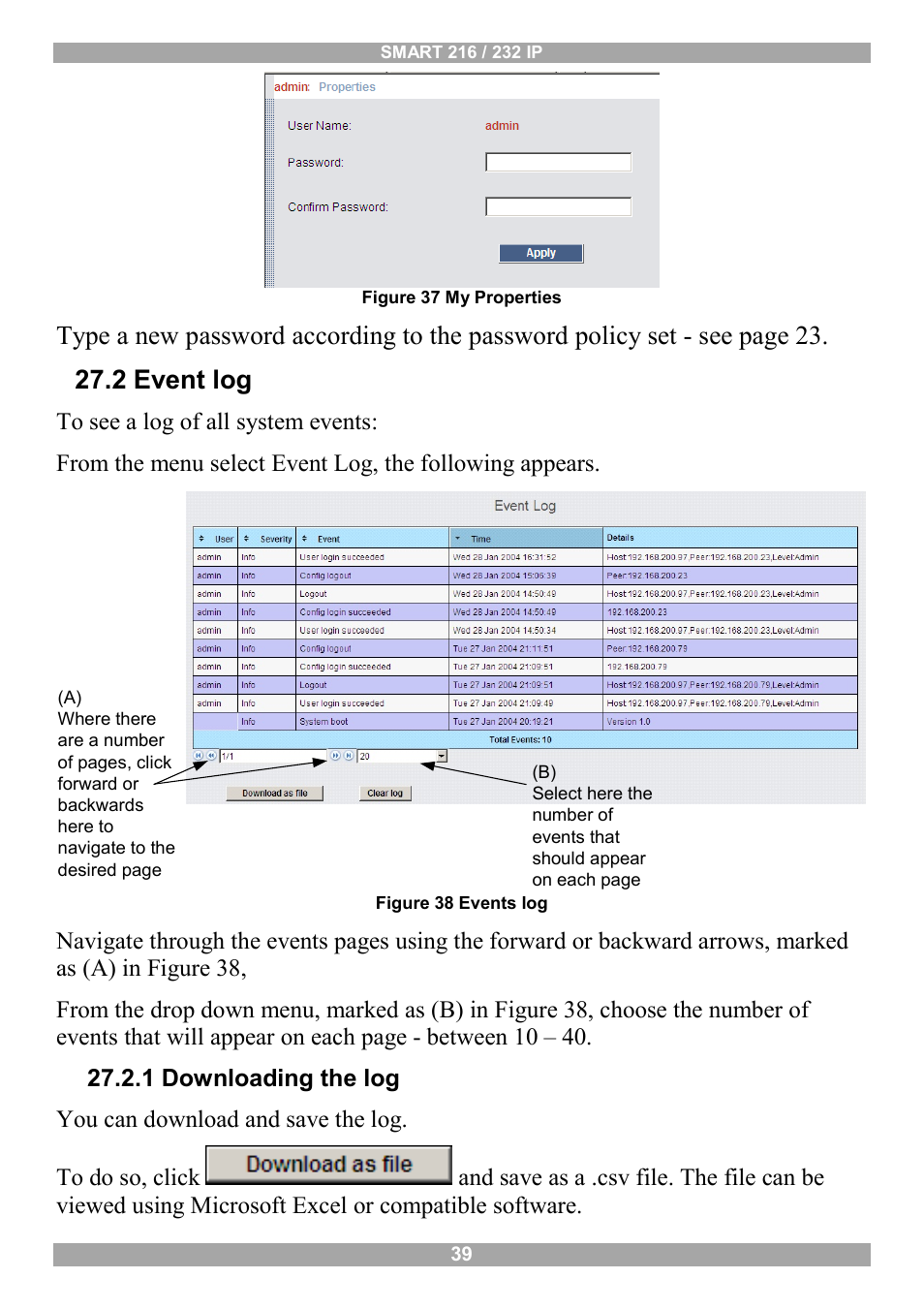 2 event log, 1 downloading the log | Minicom Advanced Systems Minicom Smart 216 User Manual | Page 40 / 50