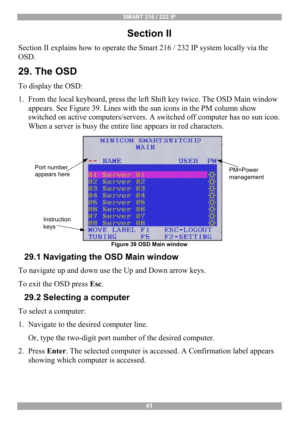 Section ii, The osd, 1 navigating the osd main window | 2 selecting a computer | Minicom Advanced Systems Minicom Smart 216 User Manual | Page 42 / 50