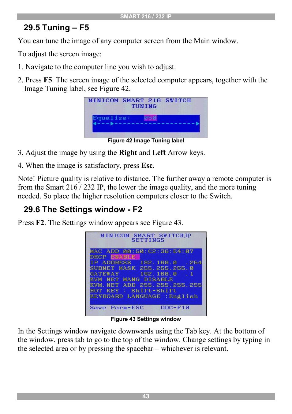 5 tuning – f5, 6 the settings window - f2 | Minicom Advanced Systems Minicom Smart 216 User Manual | Page 44 / 50