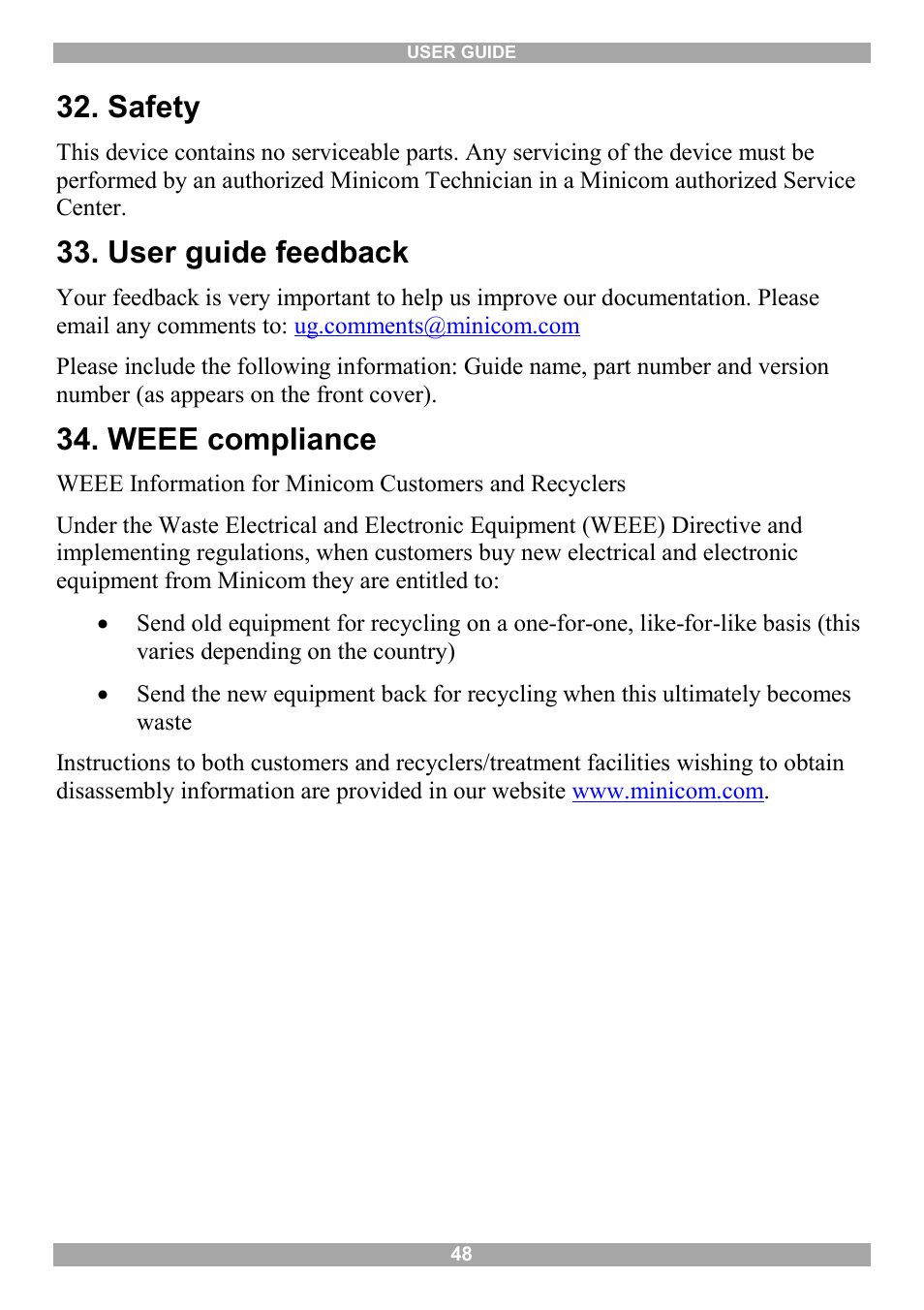 Safety, User guide feedback, Weee compliance | Minicom Advanced Systems Minicom Smart 216 User Manual | Page 49 / 50