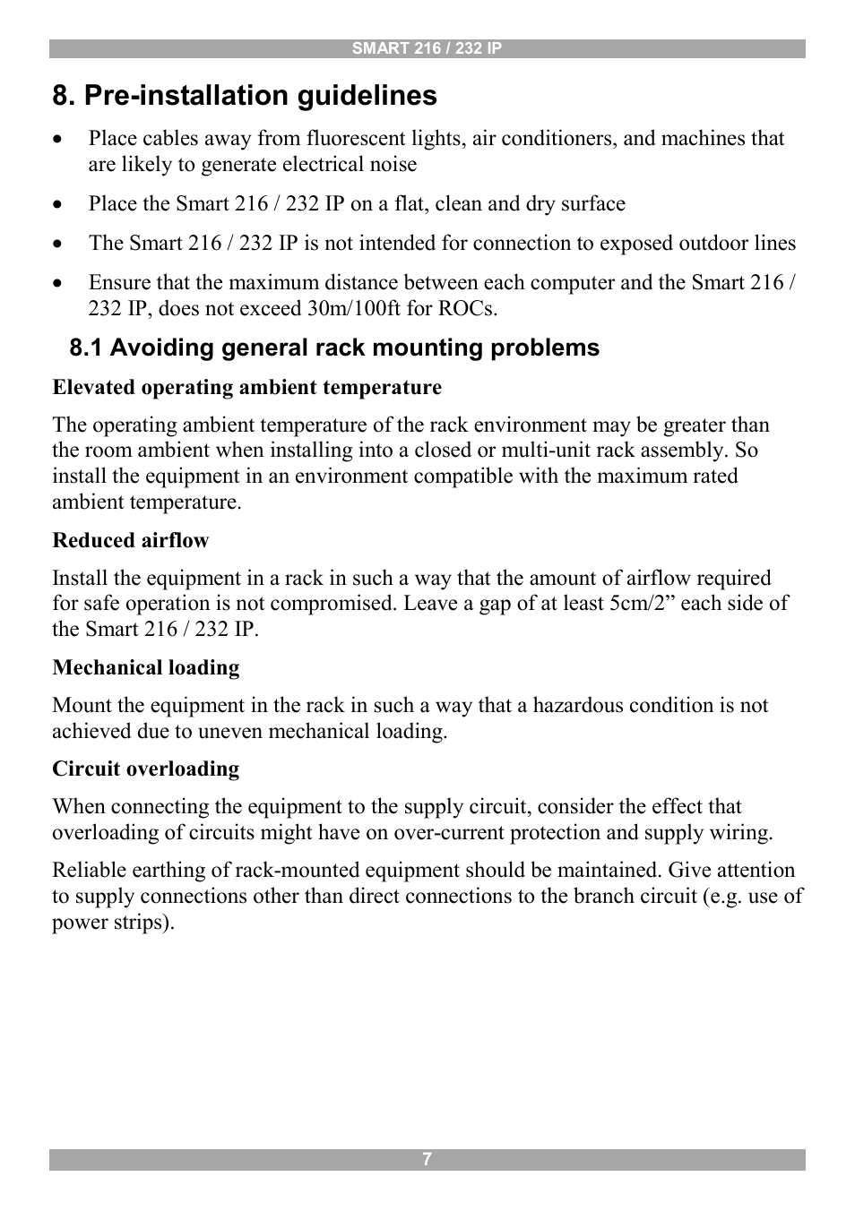 Pre-installation guidelines, 1 avoiding general rack mounting problems | Minicom Advanced Systems Minicom Smart 216 User Manual | Page 8 / 50