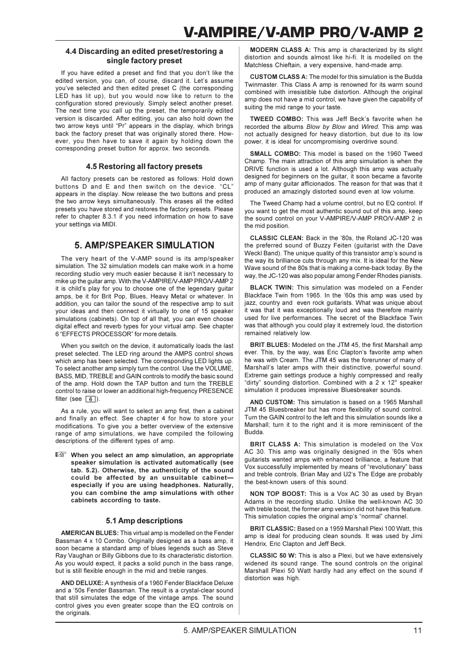 V-ampire/v-amp pro/v-amp 2, Amp/speaker simulation, 5 restoring all factory presets | 1 amp descriptions | Mesa/Boogie V-AMPIRE User Manual | Page 11 / 19