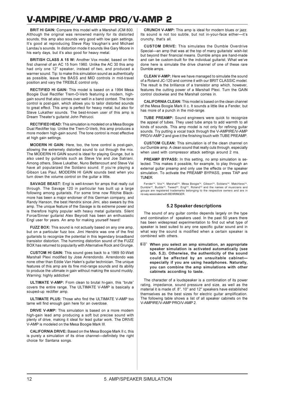 V-ampire/v-amp pro/v-amp 2, Amp/speaker simulation, 2 speaker descriptions | Mesa/Boogie V-AMPIRE User Manual | Page 12 / 19