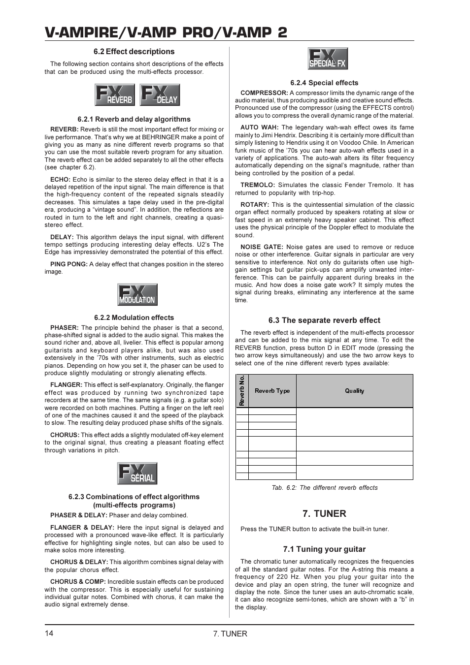 V-ampire/v-amp pro/v-amp 2, Tuner, 2 effect descriptions | 3 the separate reverb effect, 1 tuning your guitar | Mesa/Boogie V-AMPIRE User Manual | Page 14 / 19