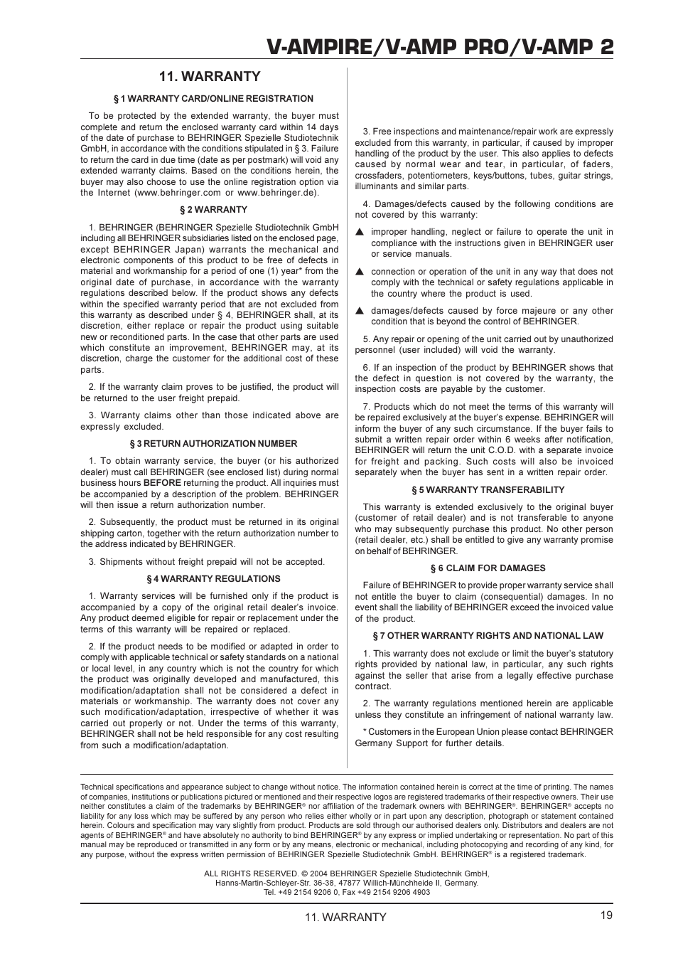 V-ampire/v-amp pro/v-amp 2, Warranty | Mesa/Boogie V-AMPIRE User Manual | Page 19 / 19