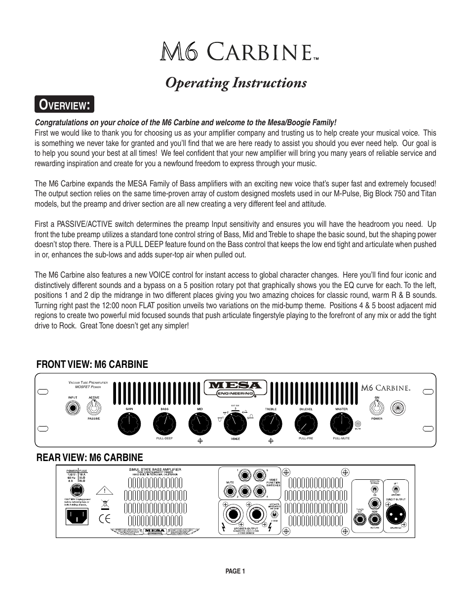 Operating instructions, Front view: m6 carbine rear view: m6 carbine, Verview | Mesa/Boogie Carbine M6 User Manual | Page 5 / 20
