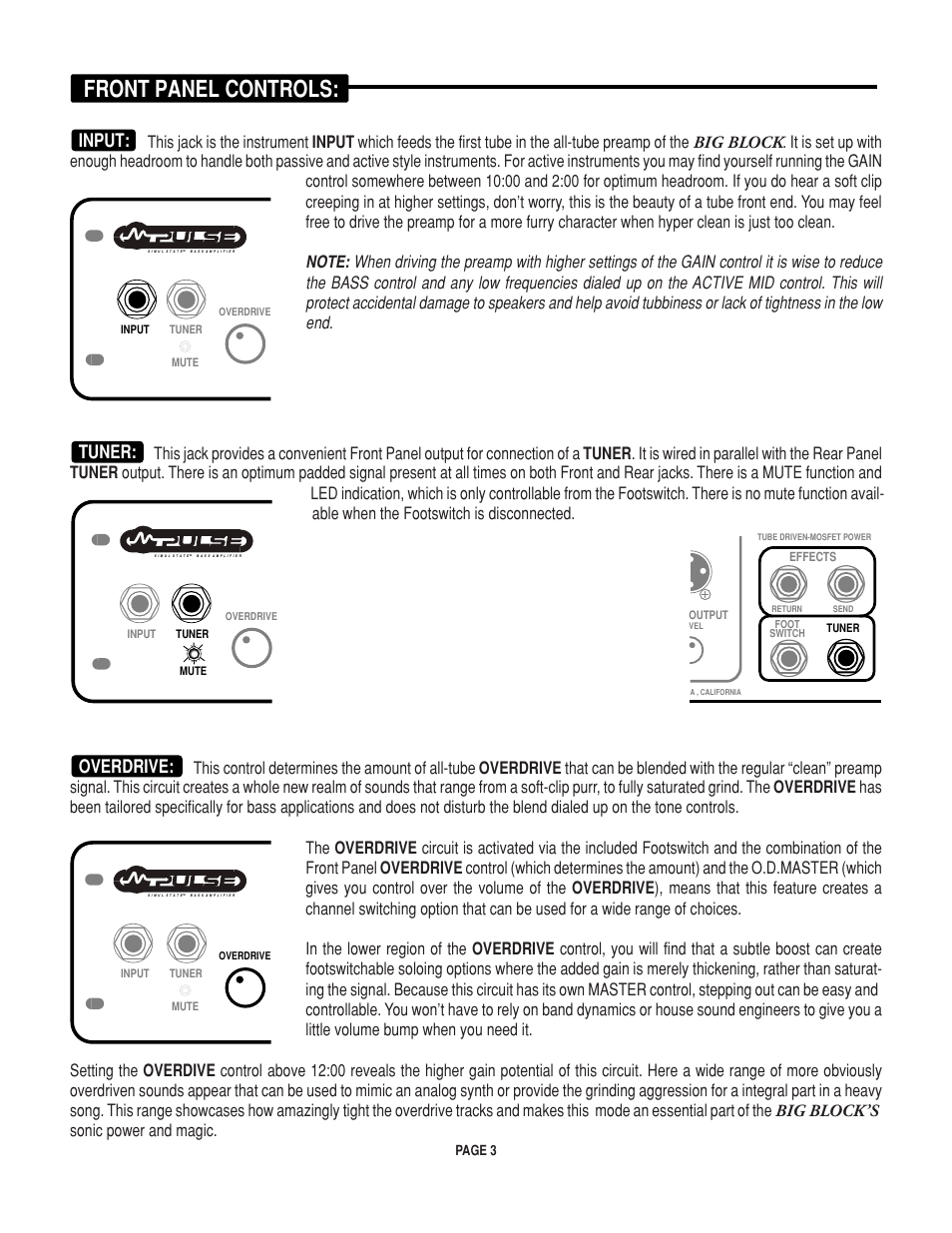 Front panel controls, Input, Tuner | Overdrive | Mesa/Boogie BIGBLOCK Big Block 750 User Manual | Page 7 / 20