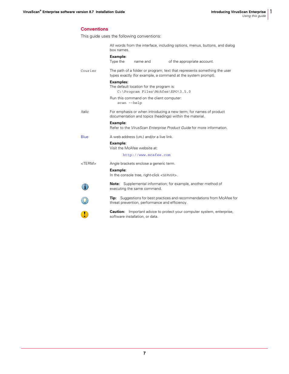Conventions | McAfee VIRUSSCAN 8.7I User Manual | Page 7 / 38