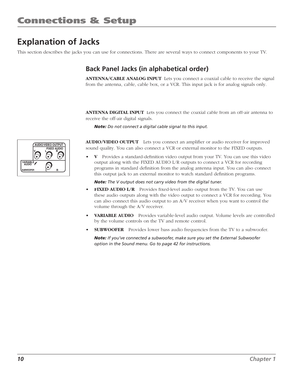 Connections & setup, Explanation of jacks, Back panel jacks (in alphabetical order) | 10 chapter 1 | Magni Group HDTV User Manual | Page 12 / 64