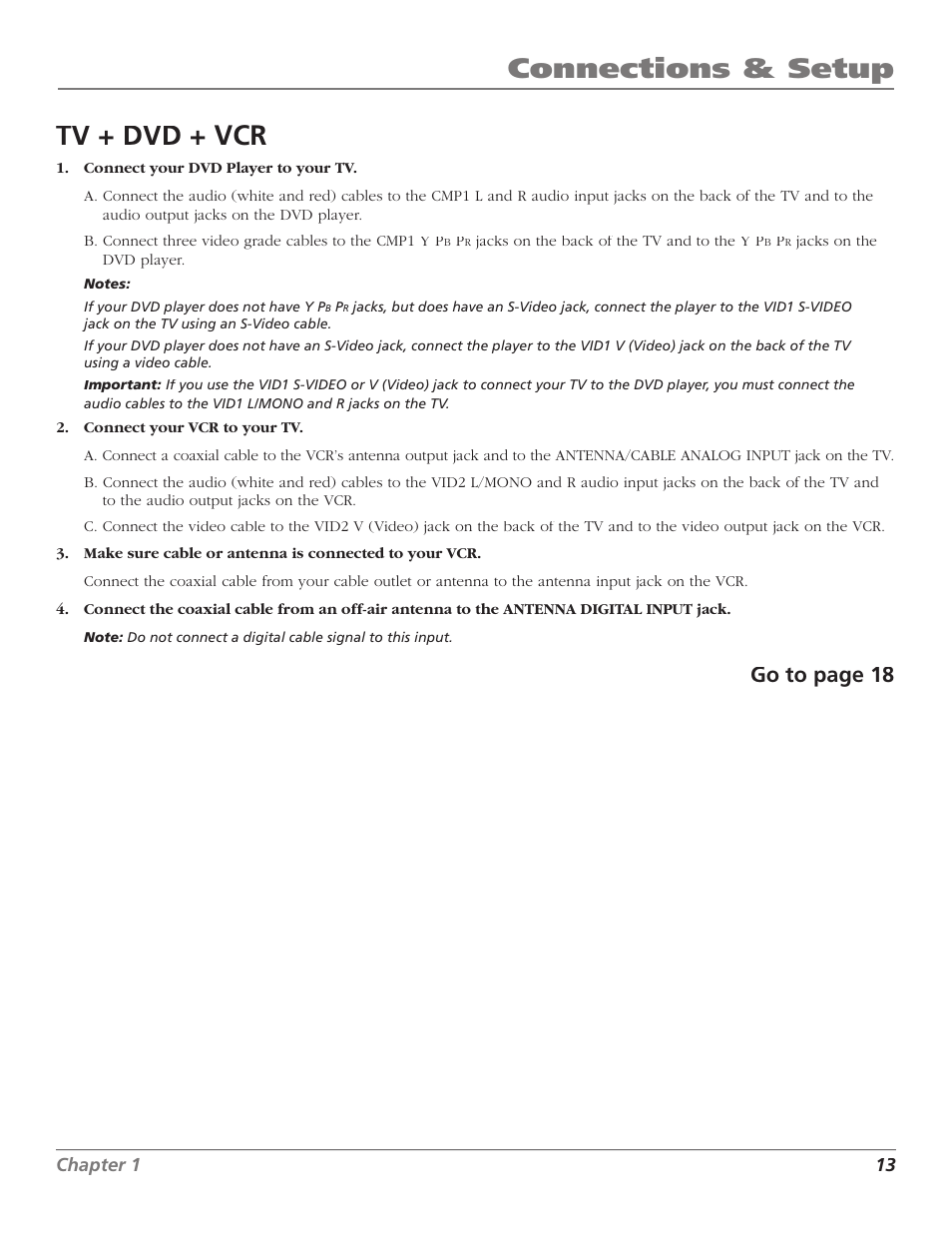 Connections & setup, Tv + dvd + vcr, Go to page 18 | Chapter 1 13 | Magni Group HDTV User Manual | Page 15 / 64
