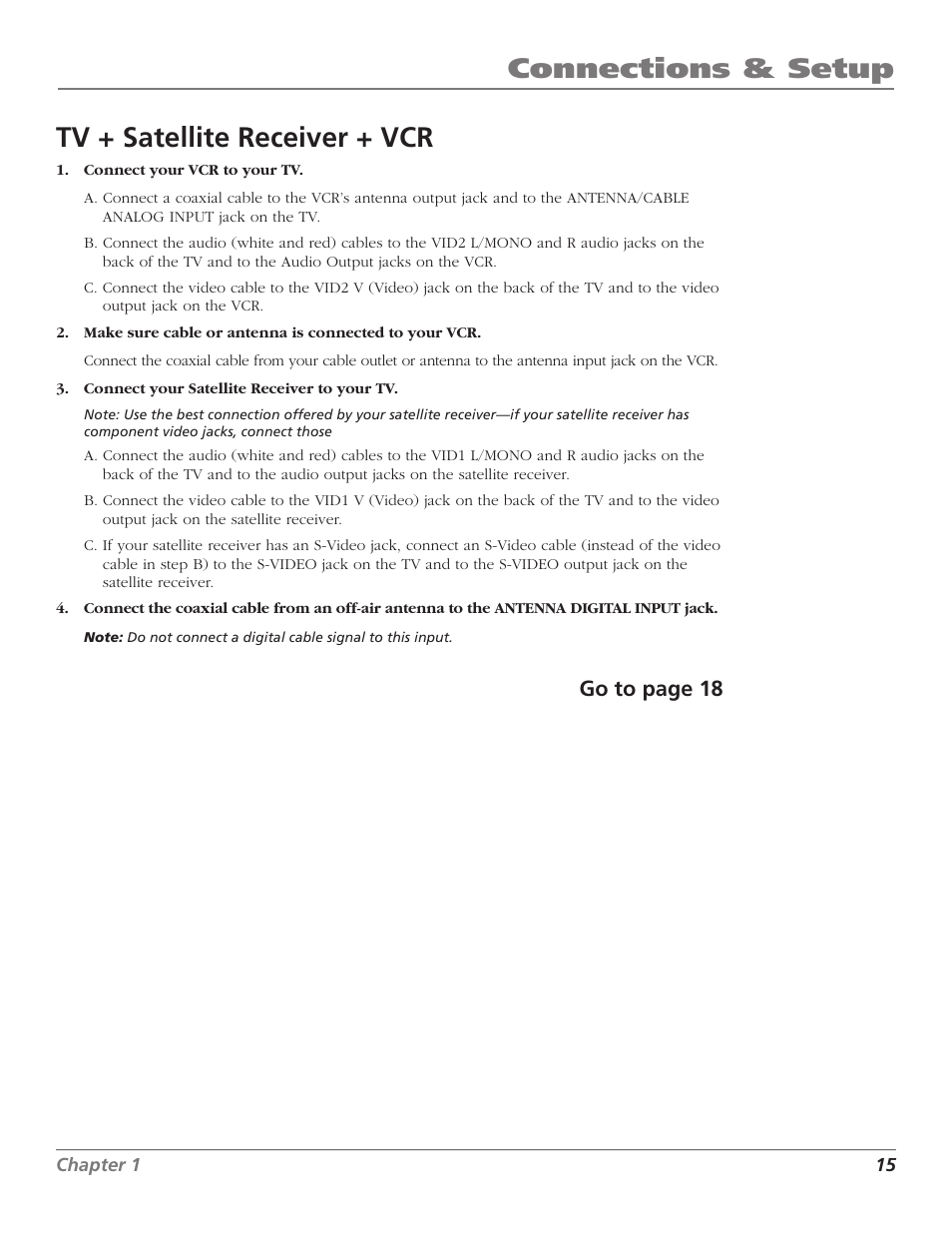 Connections & setup, Tv + satellite receiver + vcr, Go to page 18 | Magni Group HDTV User Manual | Page 17 / 64