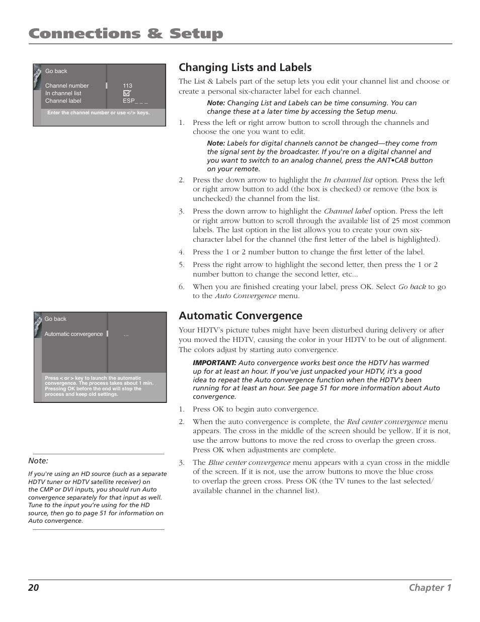 Connections & setup, Changing lists and labels, Automatic convergence | 20 chapter 1 | Magni Group HDTV User Manual | Page 22 / 64