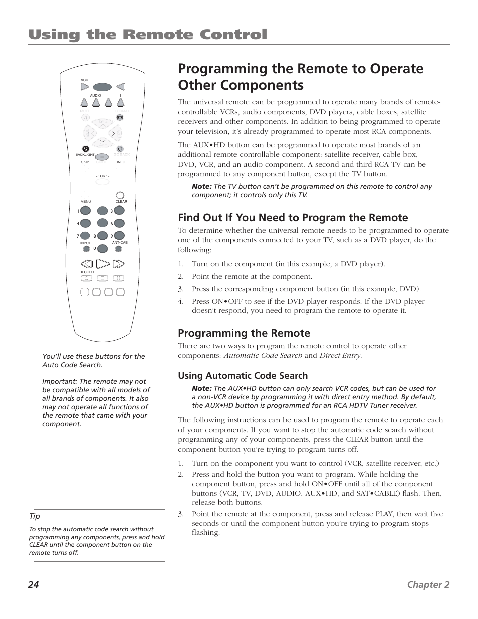 Find out if you need to program the remote, Programming the remote, 24 chapter 2 | Using automatic code search | Magni Group HDTV User Manual | Page 26 / 64