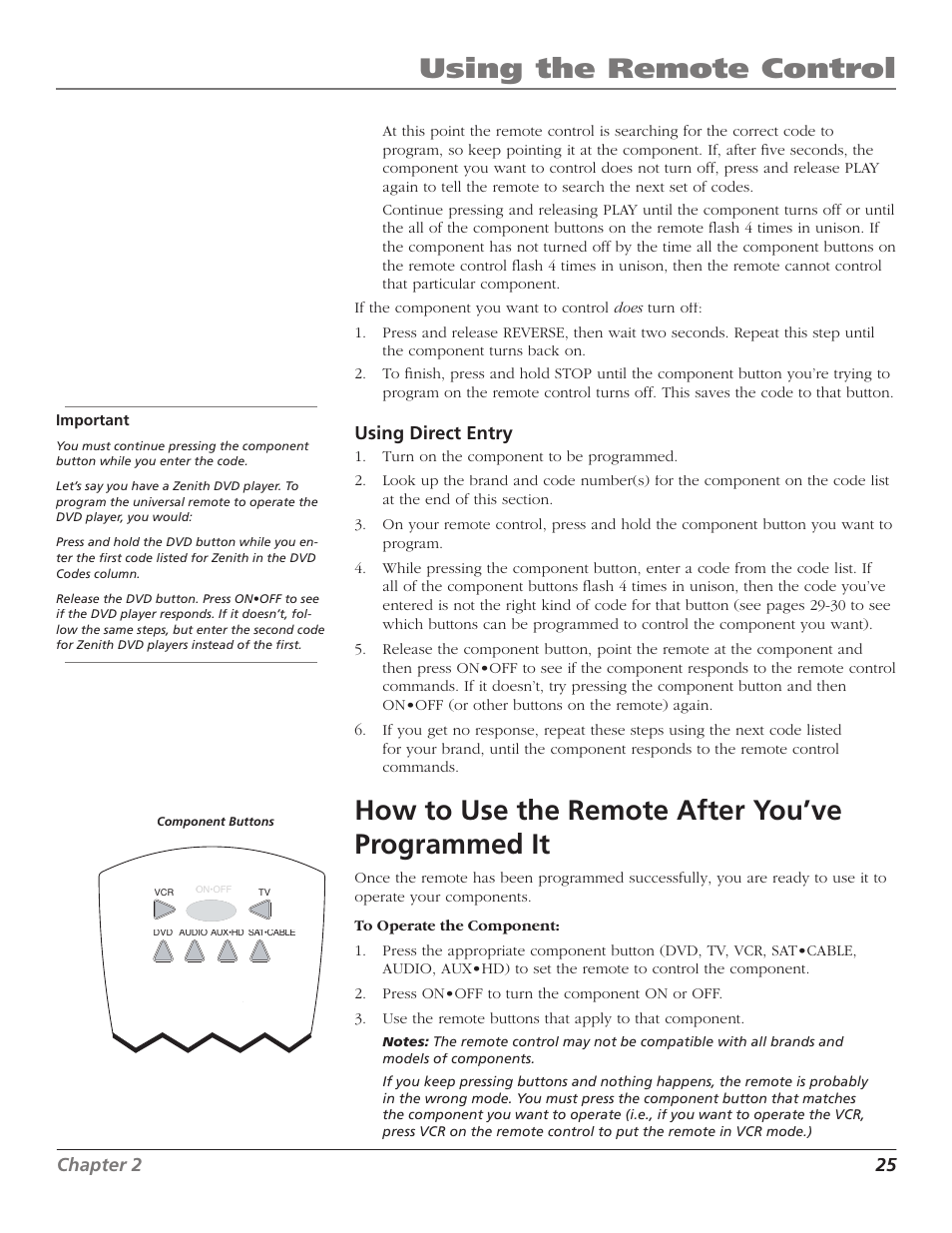 Using the remote control, How to use the remote after you’ve programmed it, Chapter 2 25 | Using direct entry | Magni Group HDTV User Manual | Page 27 / 64