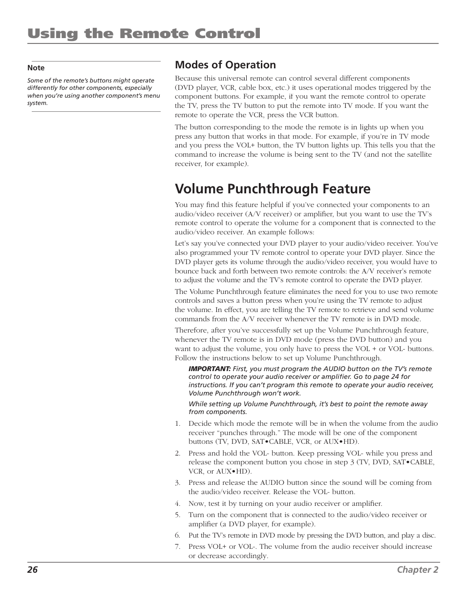 Using the remote control, Volume punchthrough feature, Modes of operation | 26 chapter 2 | Magni Group HDTV User Manual | Page 28 / 64