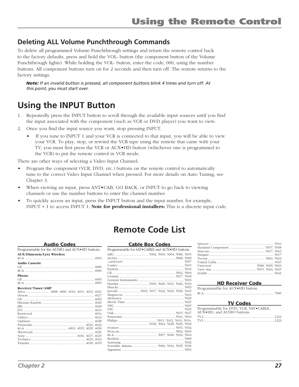 Using the remote control, Using the input button, Remote code list | Deleting all volume punchthrough commands, Chapter 2 27 | Magni Group HDTV User Manual | Page 29 / 64