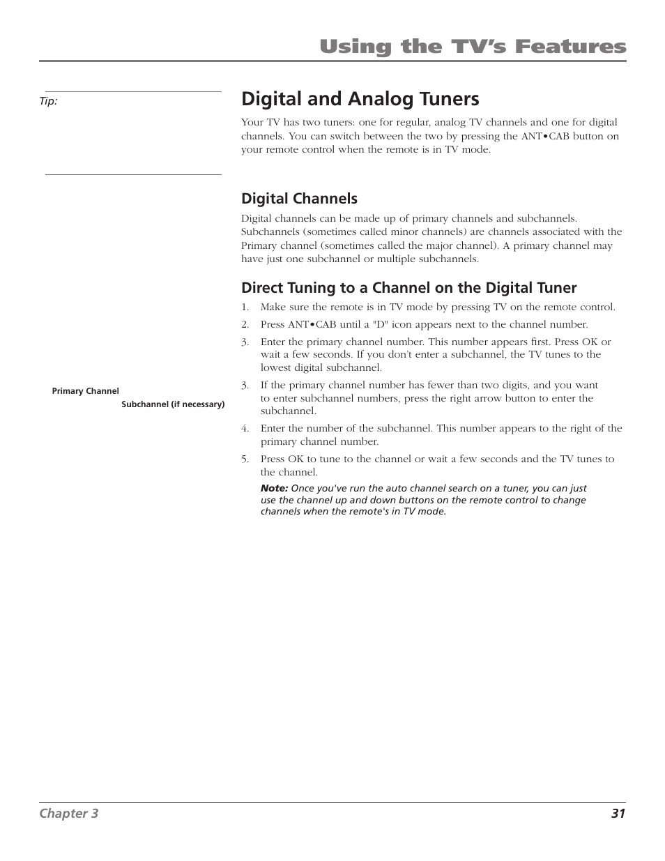 Using the tv’s features, Digital and analog tuners, Digital channels | Direct tuning to a channel on the digital tuner | Magni Group HDTV User Manual | Page 33 / 64