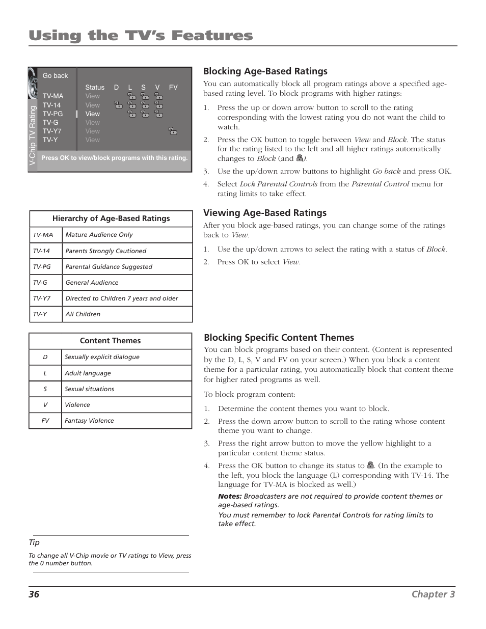 Using the tv’s features, 36 chapter 3 blocking age-based ratings, Viewing age-based ratings | Blocking speciﬁ c content themes | Magni Group HDTV User Manual | Page 38 / 64