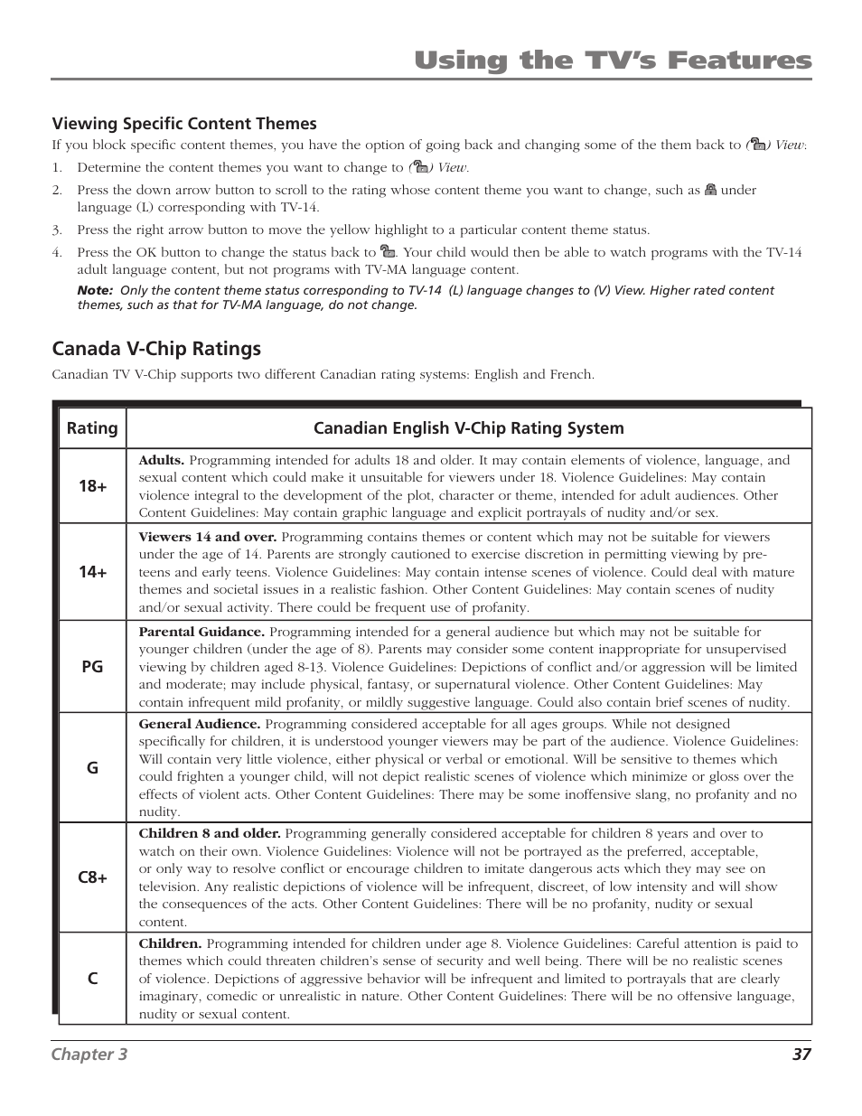 Using the tv’s features, Canada v-chip ratings | Magni Group HDTV User Manual | Page 39 / 64