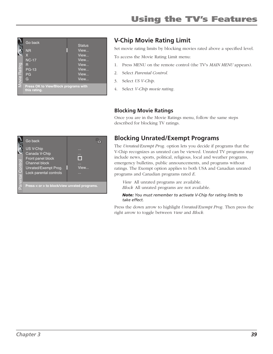 Using the tv’s features, V-chip movie rating limit, Blocking unrated/exempt programs | Chapter 3 39, Blocking movie ratings | Magni Group HDTV User Manual | Page 41 / 64
