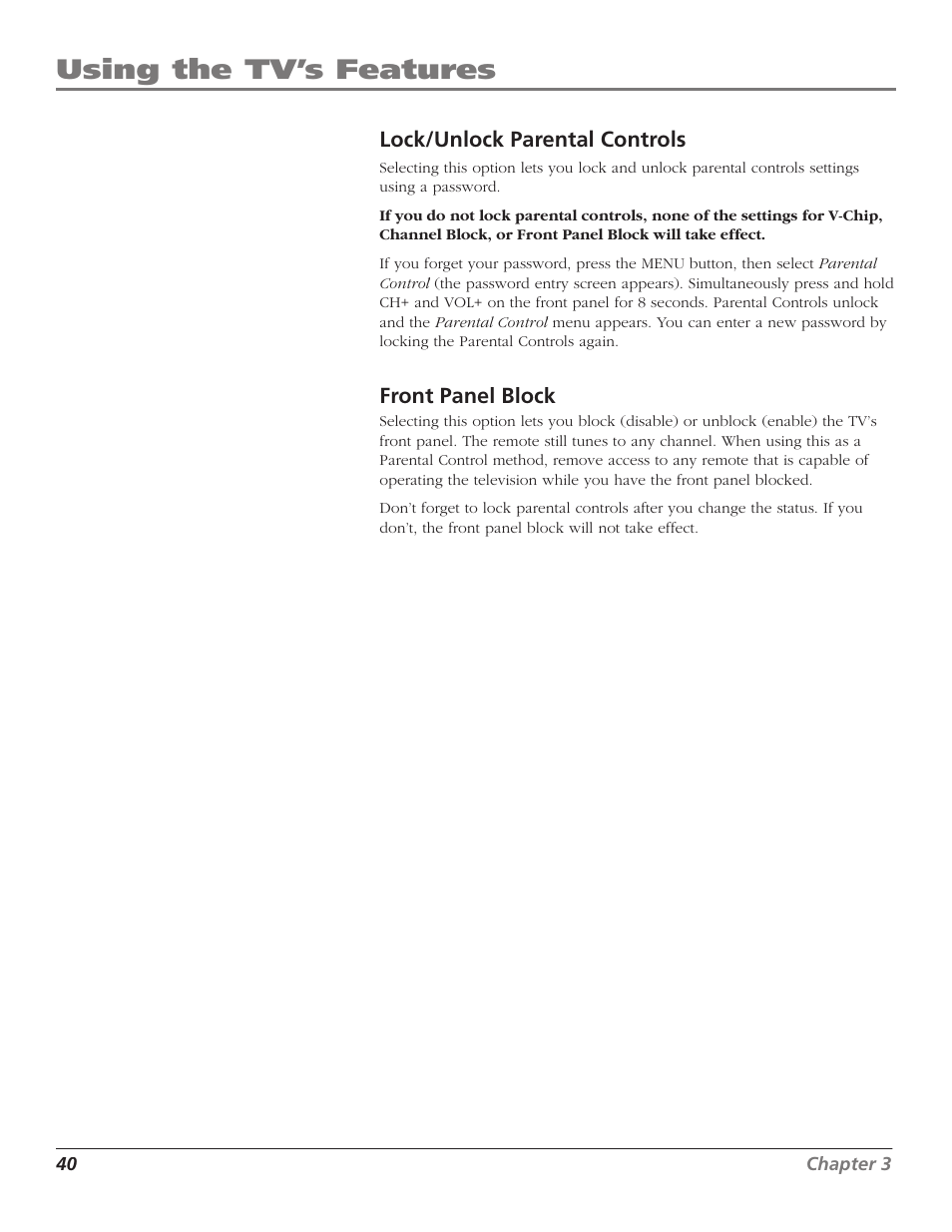 Using the tv’s features, Lock/unlock parental controls, Front panel block | Magni Group HDTV User Manual | Page 42 / 64