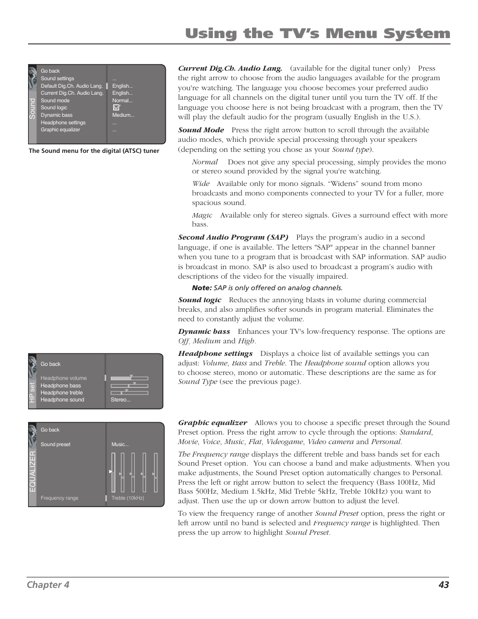 Using the tv’s menu system, Chapter 4 43 | Magni Group HDTV User Manual | Page 45 / 64