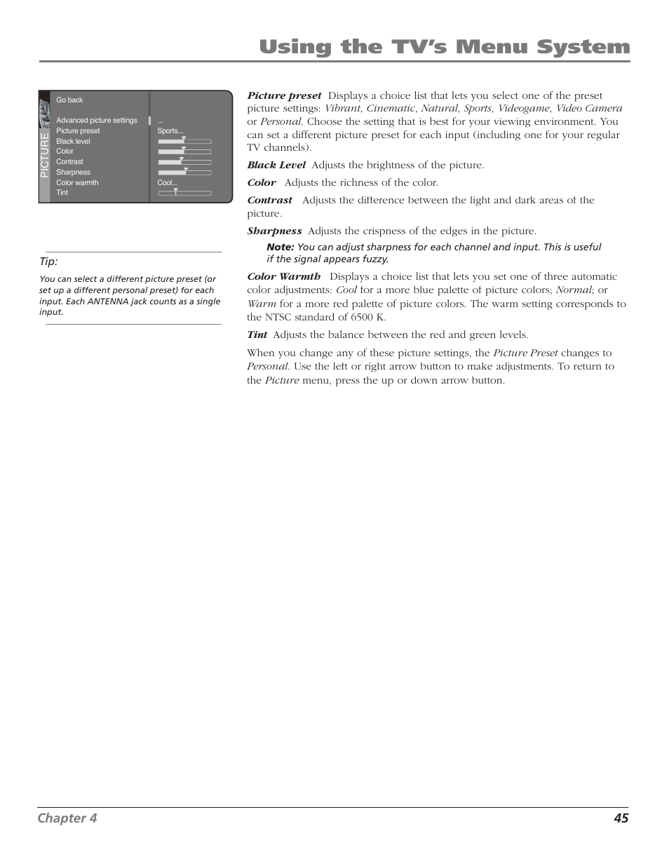 Using the tv’s menu system, Chapter 4 45 | Magni Group HDTV User Manual | Page 47 / 64