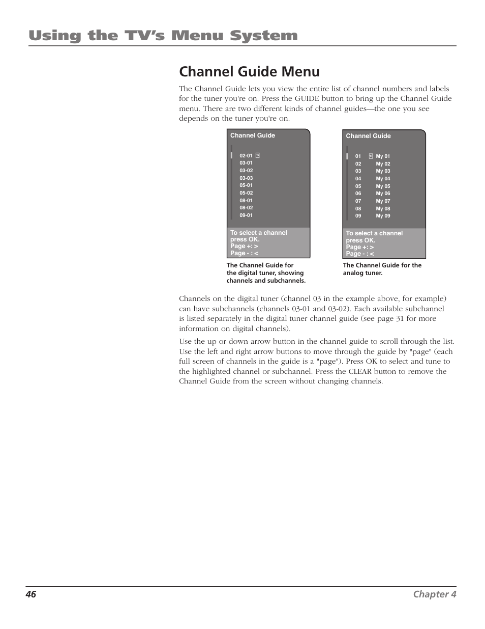 Using the tv’s menu system, Channel guide menu, 46 chapter 4 | Magni Group HDTV User Manual | Page 48 / 64