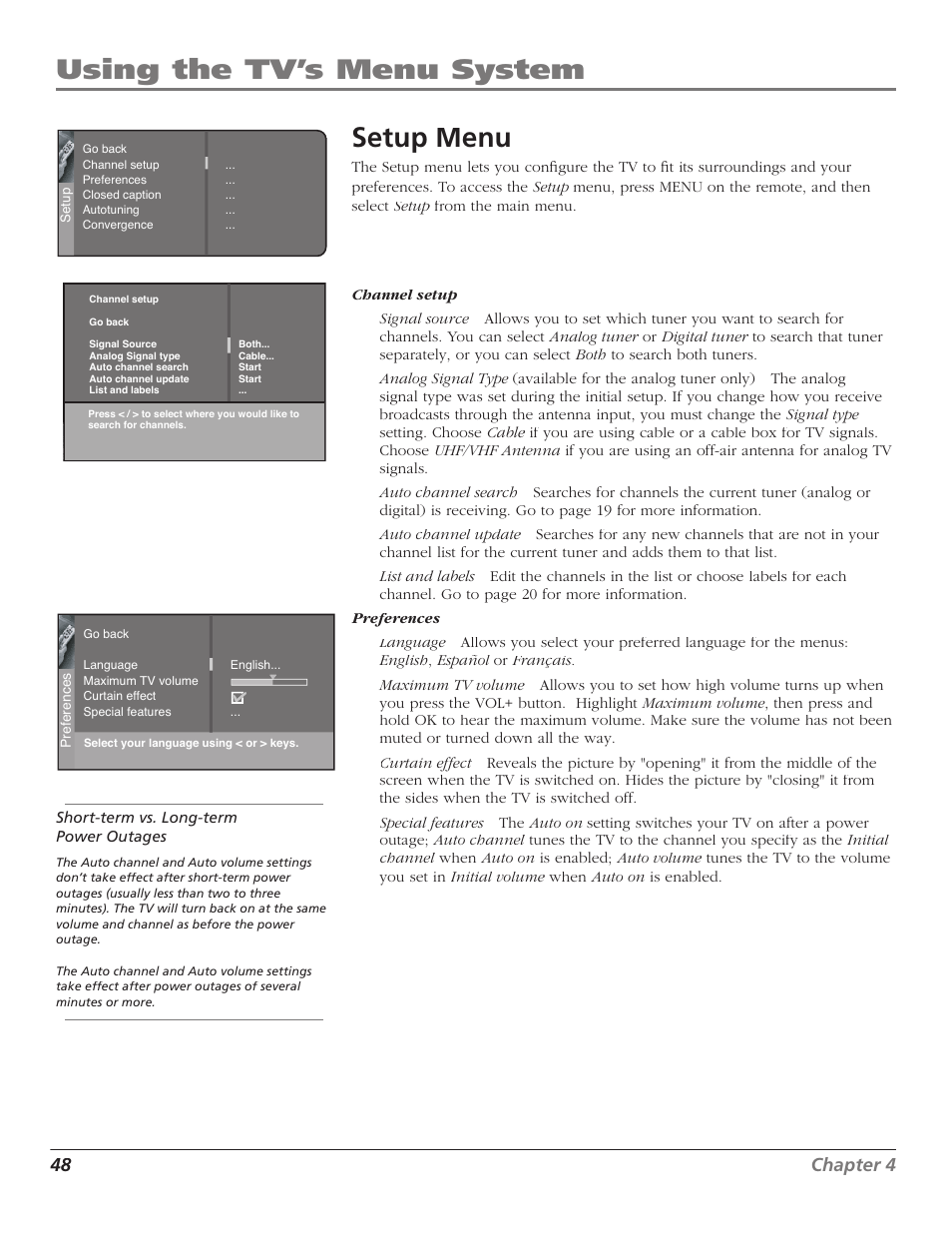 Using the tv’s menu system setup menu, 48 chapter 4 | Magni Group HDTV User Manual | Page 50 / 64