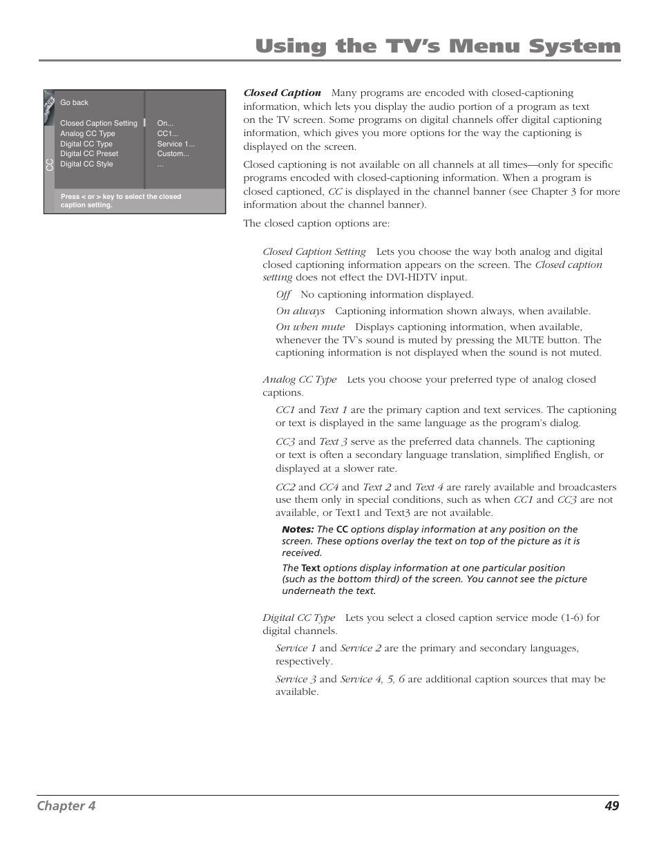 Using the tv’s menu system, Chapter 4 49 | Magni Group HDTV User Manual | Page 51 / 64