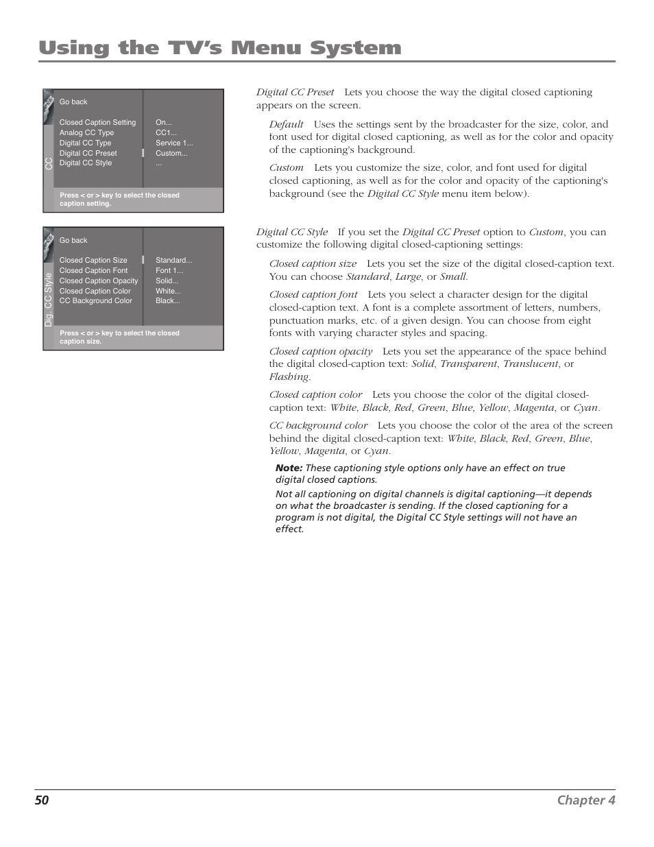 Using the tv’s menu system, 50 chapter 4 | Magni Group HDTV User Manual | Page 52 / 64