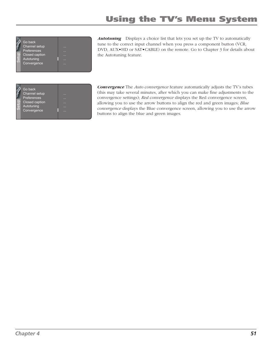 Using the tv’s menu system, Chapter 4 51 | Magni Group HDTV User Manual | Page 53 / 64