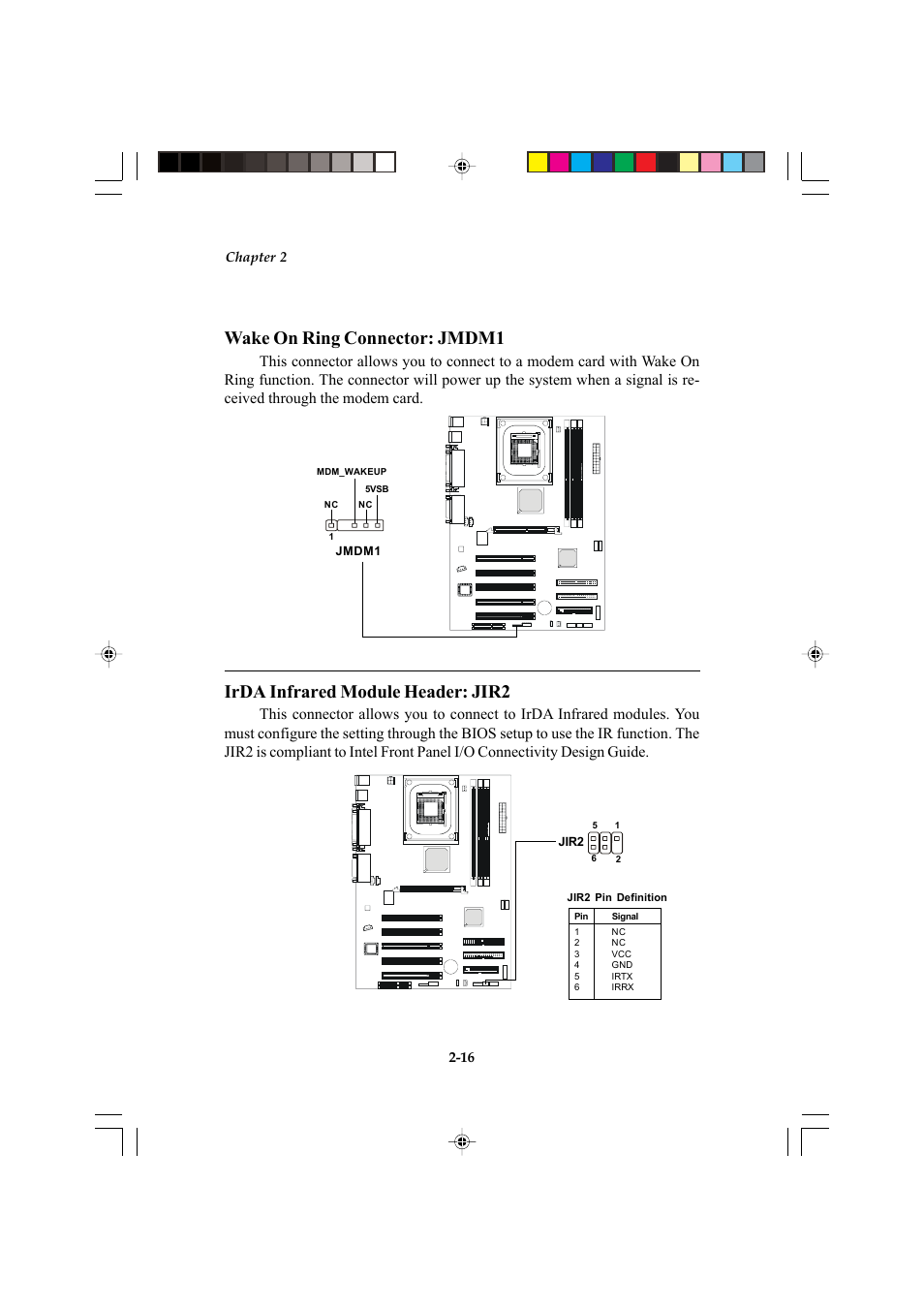 Wake on ring connector: jmdm1, Irda infrared module header: jir2 | Microstar MS-6547 (v1.X) ATX Mainboard G52-MA00514 User Manual | Page 28 / 67