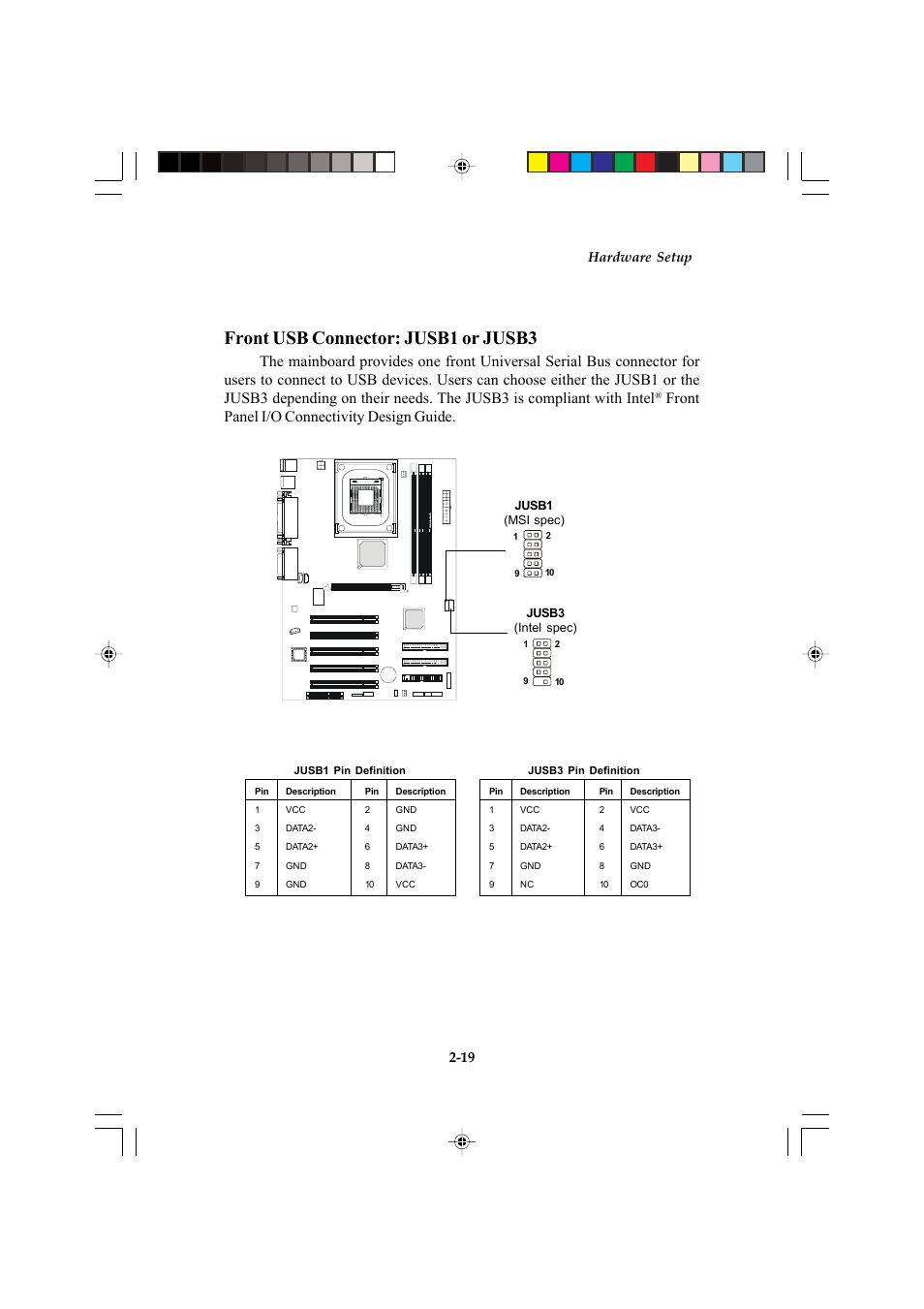 Front usb connector: jusb1 or jusb3, Front panel i/o connectivity design guide, Hardware setup 2-19 | Microstar MS-6547 (v1.X) ATX Mainboard G52-MA00514 User Manual | Page 31 / 67